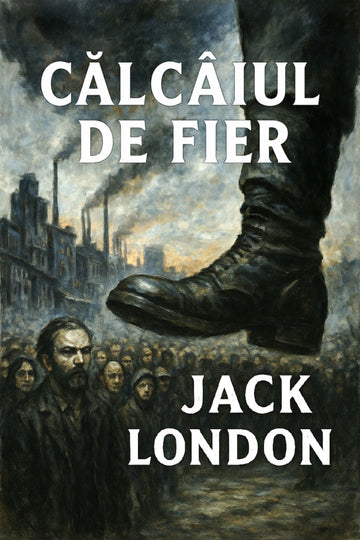 Book cover of 'Călcâiul de fier' by Jack London with a boot stepping on a crowd and industrial background.
