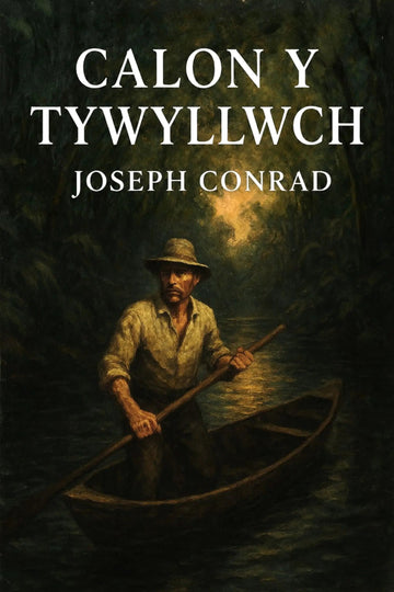 Book cover for 'Calon y Tywyllwch' by Joseph Conrad, featuring a dark, moody painting of a man rowing a canoe on a river at night.