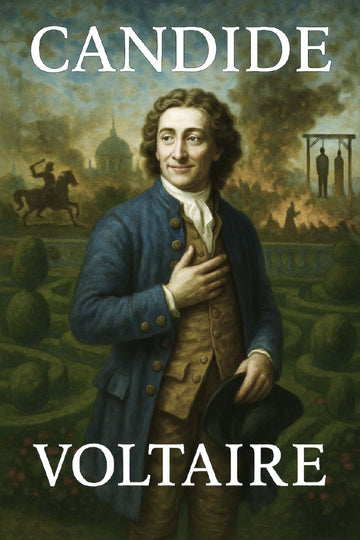 Book cover of 'Candide' by Voltaire featuring a man in a garden with a dark background