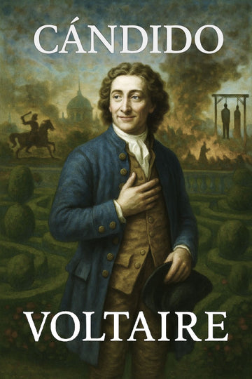 Book cover of 'Cándido' by Voltaire featuring a man in a garden with classical architecture.