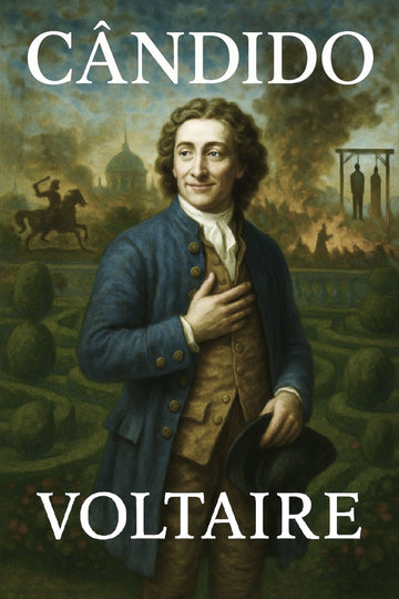 Book cover of 'Cândido' by Voltaire featuring a historical illustration of a man in a garden.