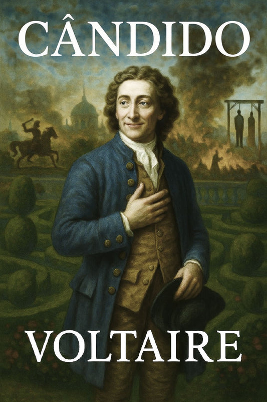 Book cover of 'Cândido' by Voltaire featuring a historical illustration of a man in a garden.