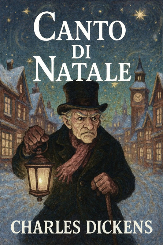 Book cover for 'Canto di Natale' by Charles Dickens, featuring an illustrated snowy night street scene with an old man in a top hat and coat holding a lantern, and large white title and author text.