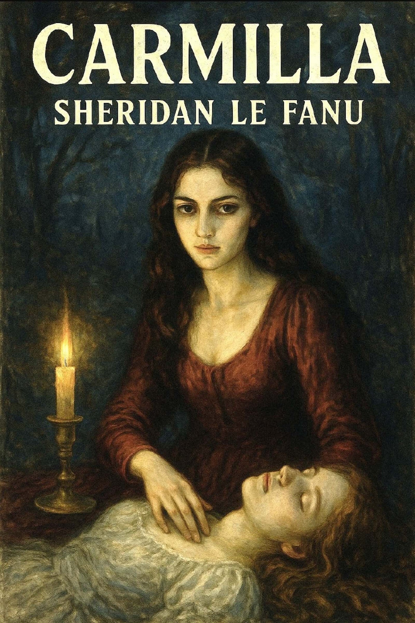 Book cover of 'Carmilla' by Sheridan Le Fanu with a woman holding a head and a candle.