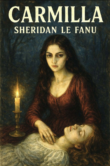 Book cover of 'Carmilla' by Sheridan Le Fanu with a woman holding a head and a candle.