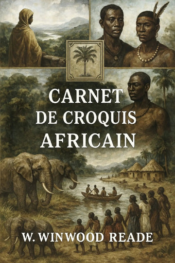 Book cover for 'Carnet de croquis africain' by W. Winwood Reade, featuring a collage of historical sketches including African figures, elephants, a boat on water, and a central palm tree emblem.