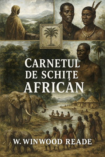 Book cover of 'Carnetul de schițe african' with illustrations of African life and landscape.
