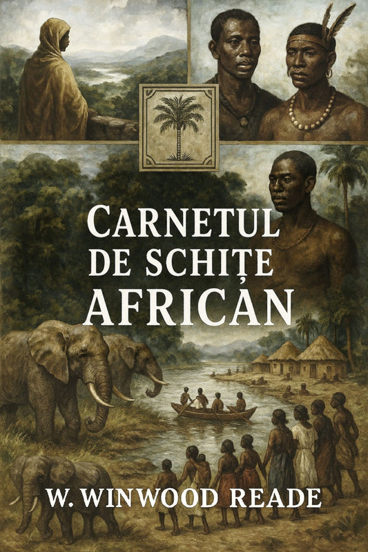 Book cover of 'Carnetul de schițe african' with illustrations of African life and landscape.