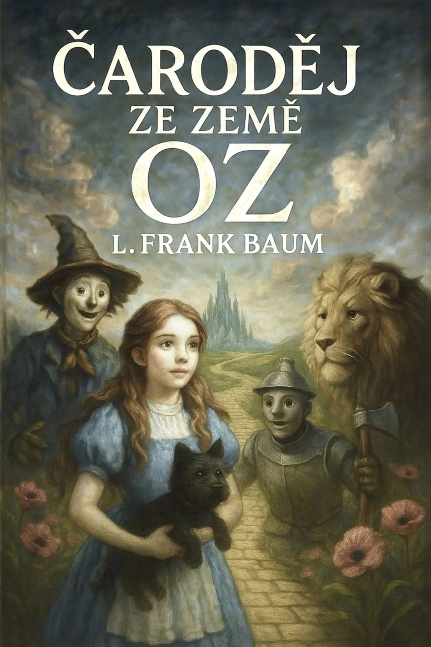 Book cover for 'Čaroděj ze země Oz' by L. Frank Baum, featuring illustrated characters including Dorothy, the Scarecrow, the Lion, and the Tin Man on a yellow brick path under a cloudy sky.