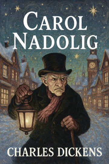 Book cover for 'Carol Nadolig' by Charles Dickens, featuring an illustrated elderly man in a top hat and coat holding a lantern in a snowy town street at night.