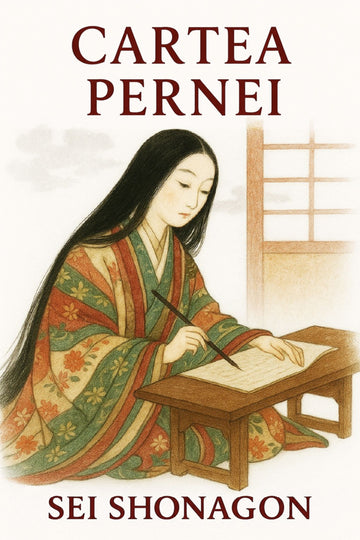 Book cover of 'Cartea pernei' by Sei Shonagon with an illustration of a woman in traditional attire.