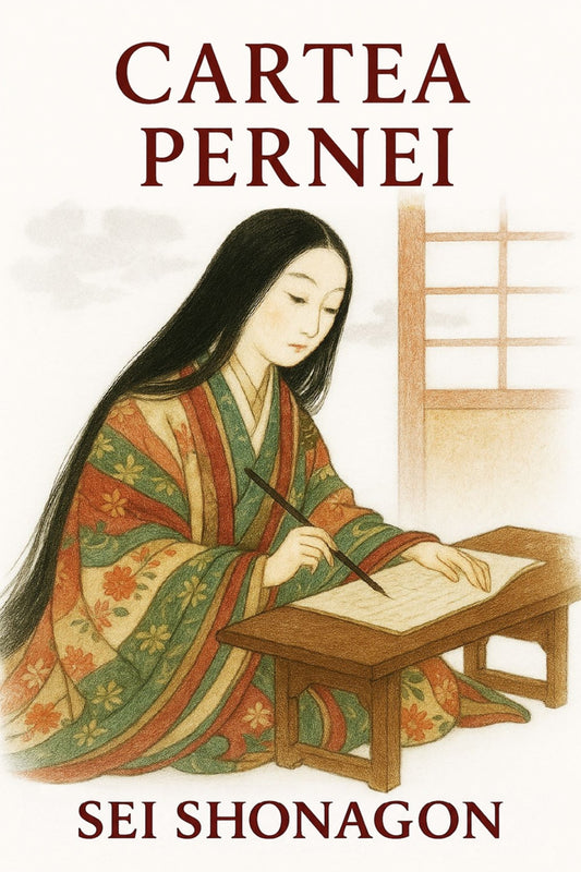 Book cover of 'Cartea pernei' by Sei Shonagon with an illustration of a woman in traditional attire.