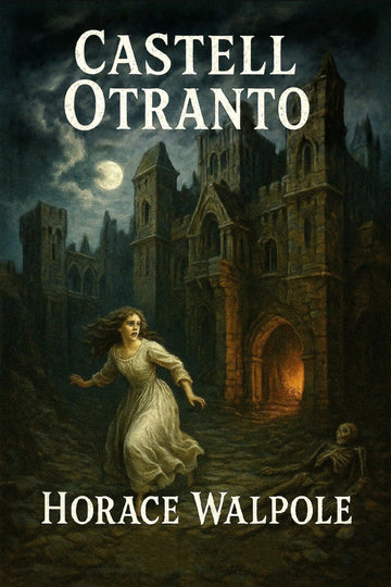 Book cover for 'Castell Otranto' by Horace Walpole, featuring a dark gothic illustration of a woman running toward a ruined castle under a full moon, with the title and author name in large white text.