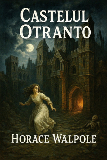 Book cover of 'Castelul Otranto' by Horace Walpole with a woman running towards a castle.
