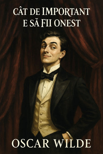 Man in formal attire with text 'Cât de important e să fii onest' by Oscar Wilde against a red curtain background
