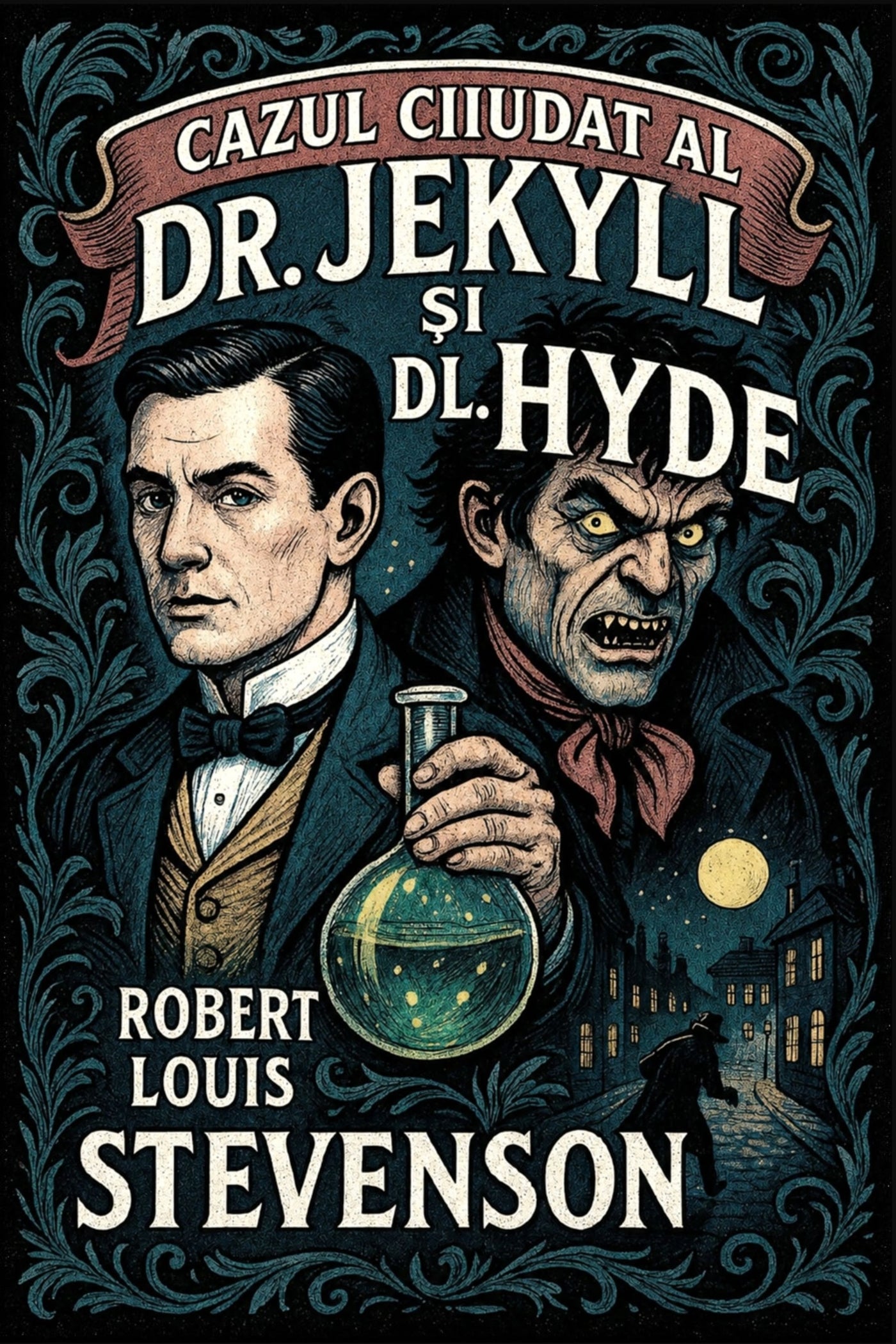 Book cover of 'Cazul ciudat al Dr. Jekyll și dl. Hyde' by Robert Louis Stevenson with illustrations of Dr. Jekyll and Mr. Hyde.