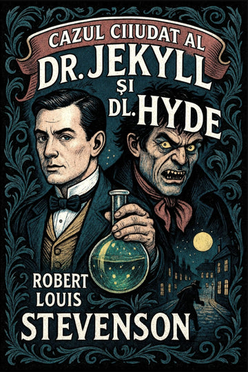 Book cover of 'Cazul ciudat al Dr. Jekyll și dl. Hyde' by Robert Louis Stevenson with illustrations of Dr. Jekyll and Mr. Hyde.