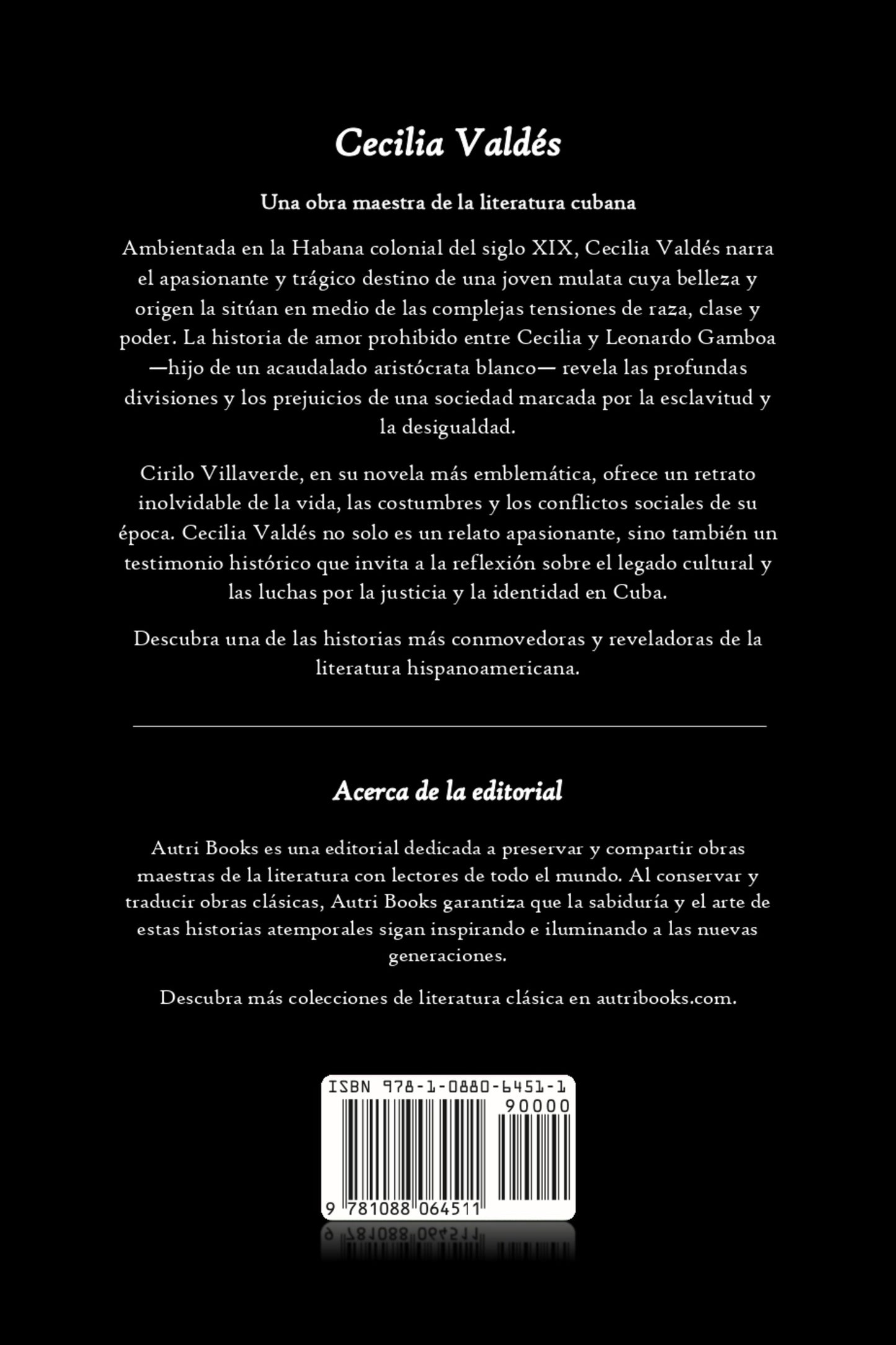 Back cover with text about Cecilia Valdés in spanish