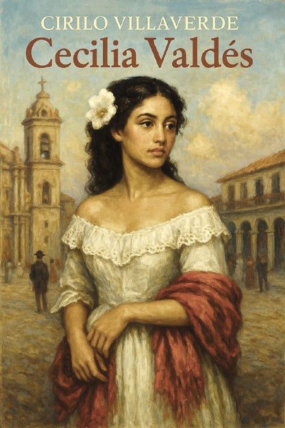 Book cover of 'Cecilia Valdés' with a woman in a white dress and red shawl in a town square.