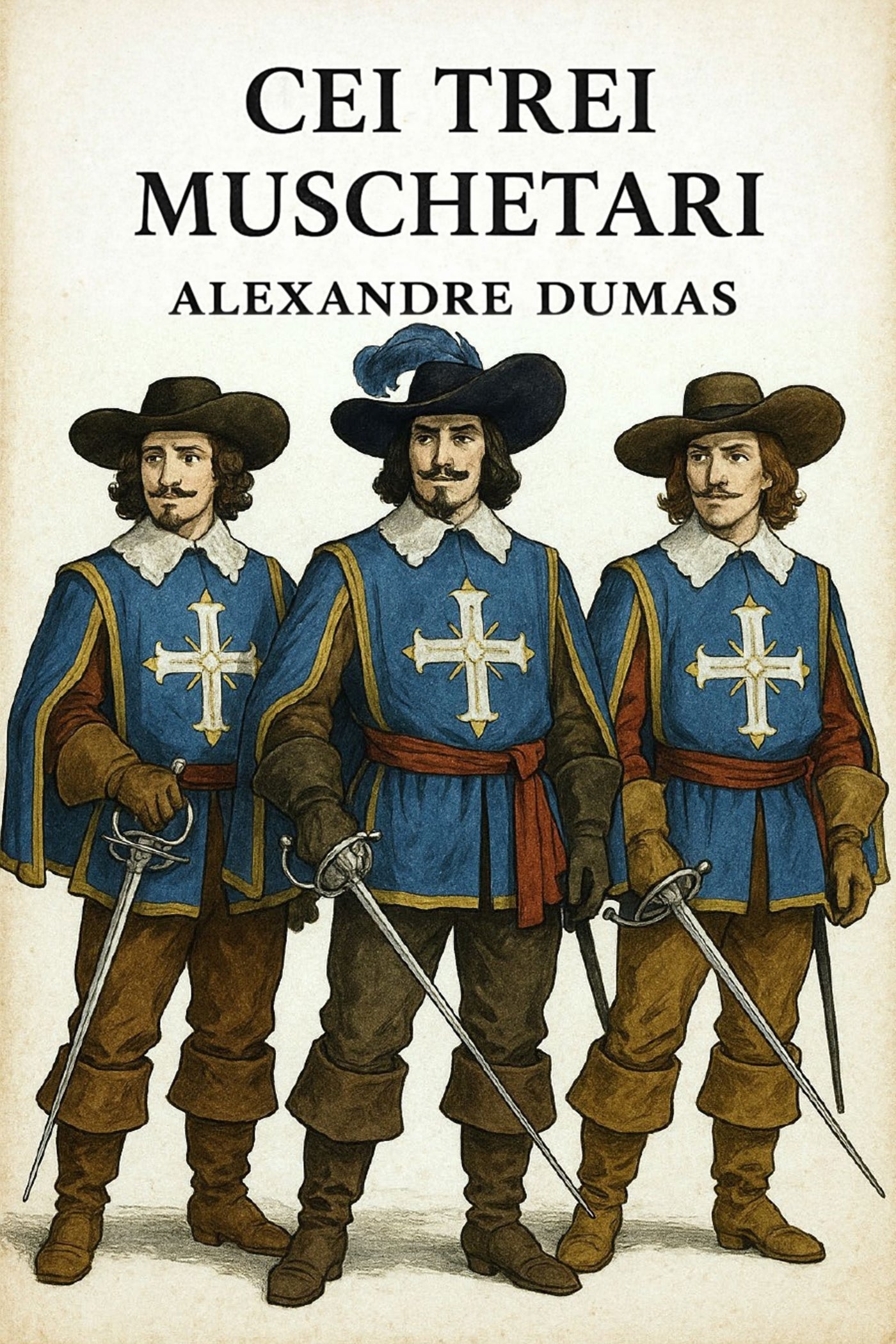 Book cover of 'Cei trei muschetari' by Alexandre Dumas featuring three men in historical uniforms with swords.