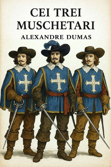 Book cover of 'Cei trei muschetari' by Alexandre Dumas featuring three men in historical uniforms with swords.