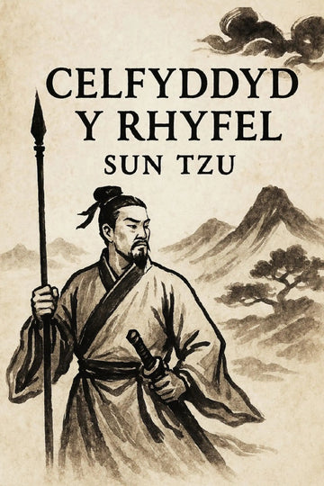 A book cover for 'Celfyddyd y Rhyfel' with a man in traditional robes holding a spear, with mountains and clouds in the background.