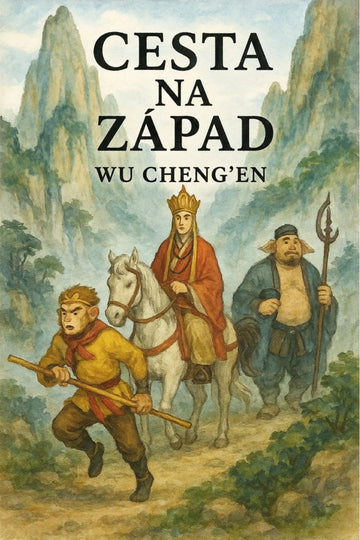 A book cover featuring the title 'Cesta na Západ' over an illustrated scene of three figures traveling through misty mountains. One figure rides a white horse in a red robe, while another runs in yellow clothing in the foreground, and a third carries a staff in blue clothing follows behind.