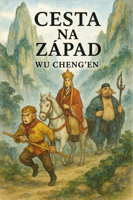 A book cover featuring the title 'Cesta na Západ' over an illustrated scene of three figures traveling through misty mountains. One figure rides a white horse in a red robe, while another runs in yellow clothing in the foreground, and a third carries a staff in blue clothing follows behind.