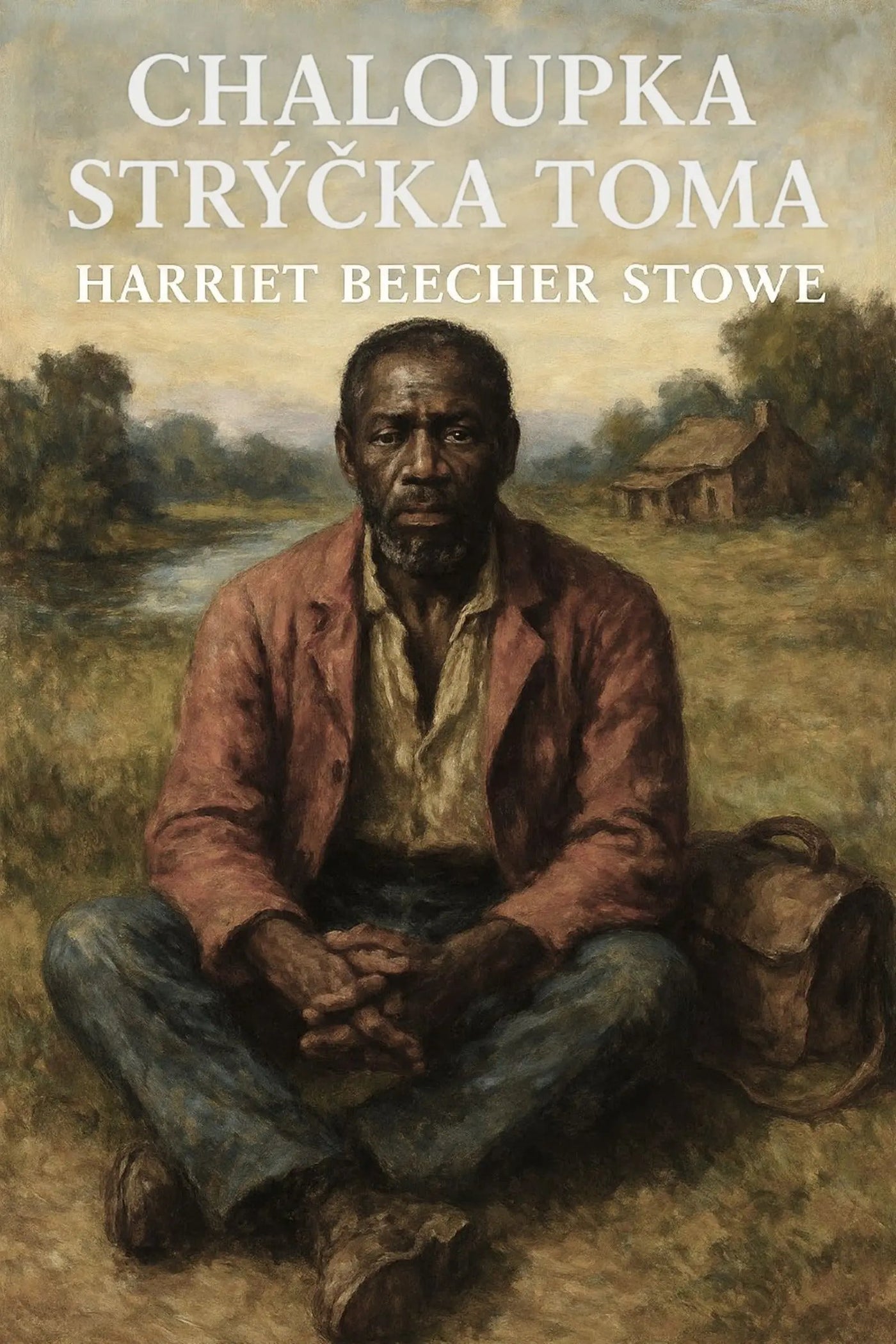 Book cover for 'Chaloupka strýčka Toma' by Harriet Beecher Stowe, featuring a painted seated Black man in a reddish-brown jacket and blue jeans in an outdoor rural scene.
