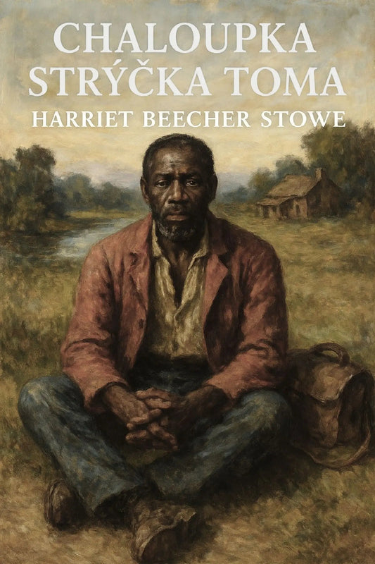 Book cover for 'Chaloupka strýčka Toma' by Harriet Beecher Stowe, featuring a painted seated Black man in a reddish-brown jacket and blue jeans in an outdoor rural scene.