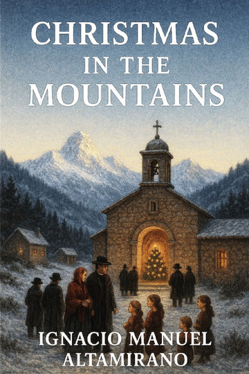 Book cover of 'Christmas in the Mountains' with a church and mountain scene.