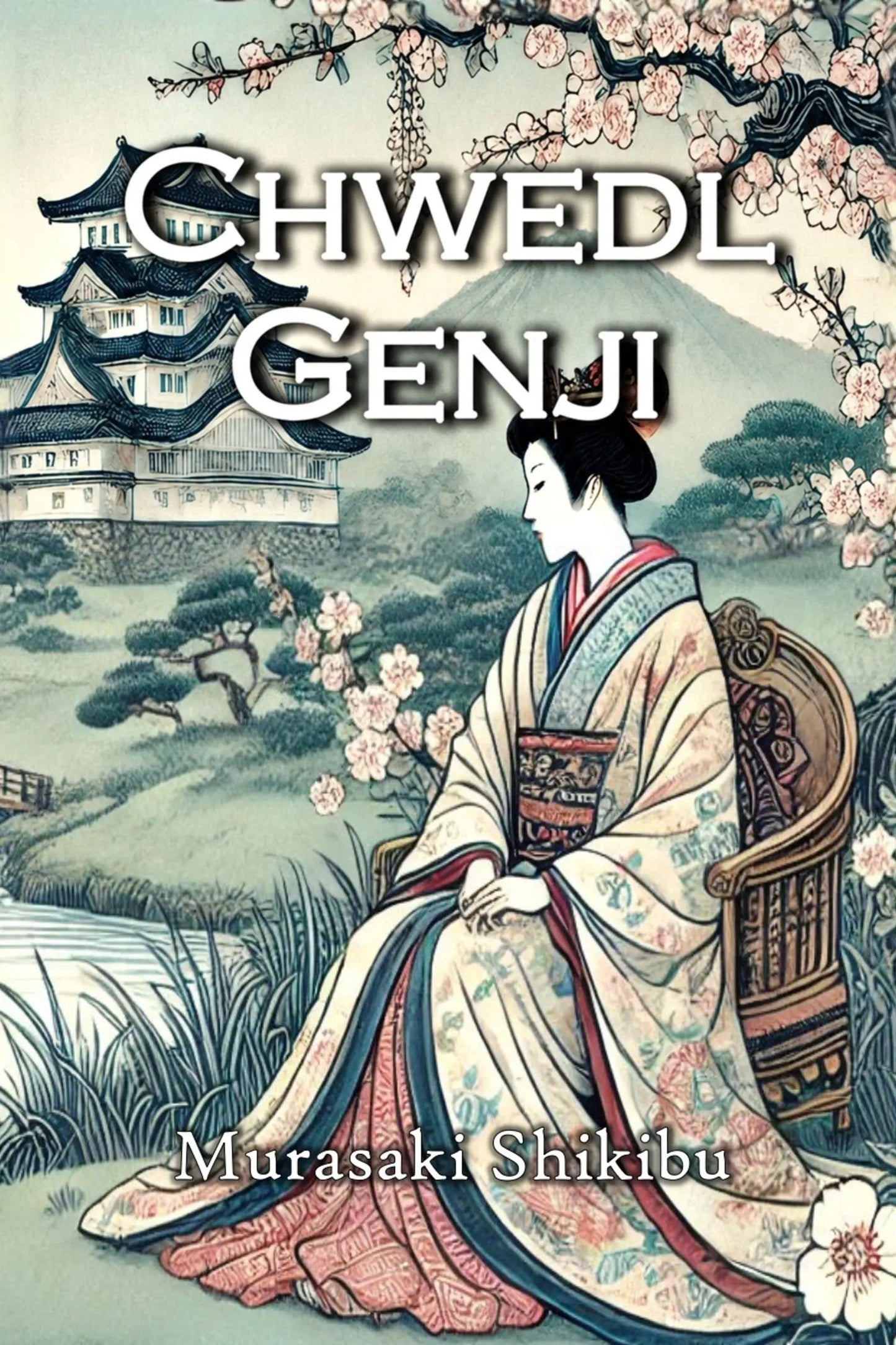 Book cover for 'Chwedl Genji' by Murasaki Shikibu, featuring an illustrated woman in a traditional Japanese kimono seated in a chair, with cherry blossoms, a castle, and a mountain in the background.