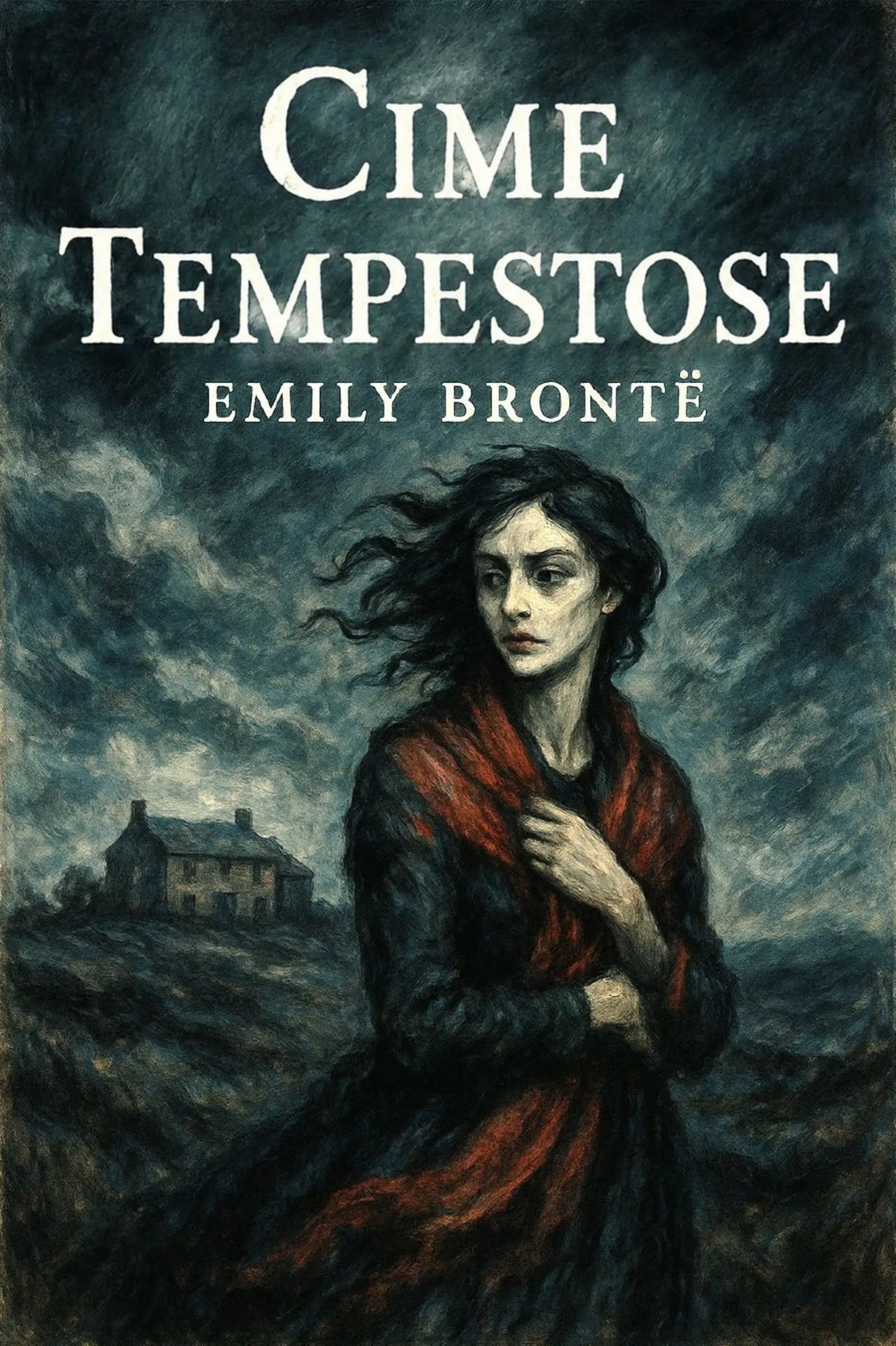 Book cover for 'Cime tempestose' by Emily Bronté, featuring a dark painted scene of a woman in a red shawl standing in a stormy landscape with a house in the background.