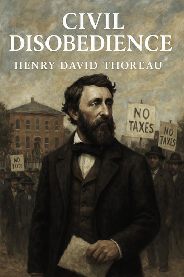 Book cover of 'Civil Disobedience' by Henry David Thoreau with a man holding a document and protesters in the background.