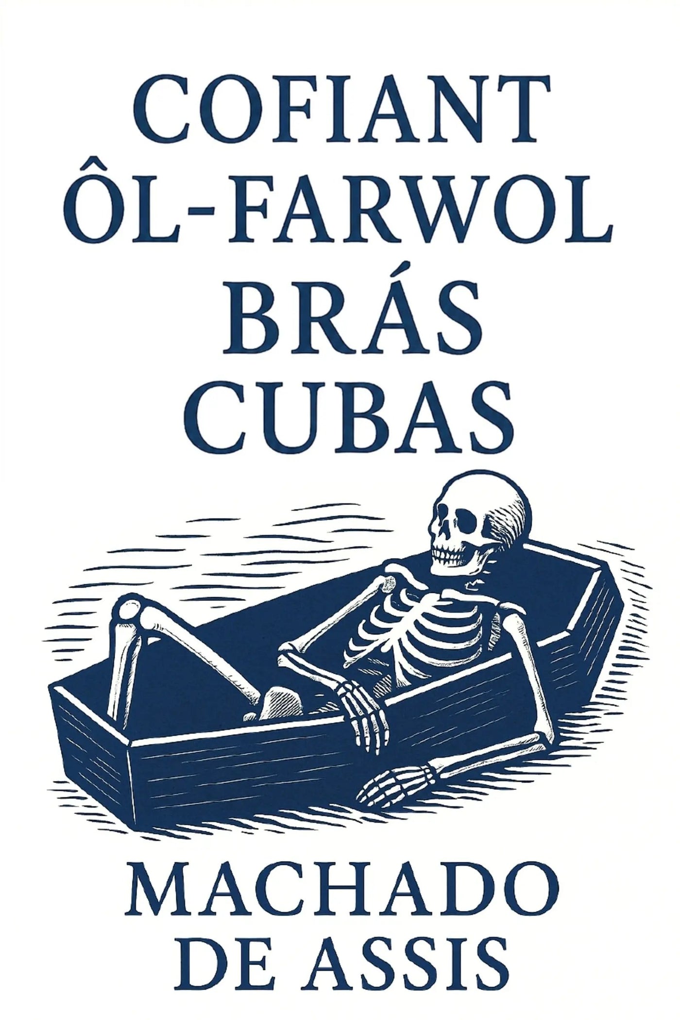 Book cover for 'Cofiant Ôl-farwol Brás Cubas' by Machado de Assis, featuring a dark blue typographic design with an illustration of a skeleton in a coffin on a white background.