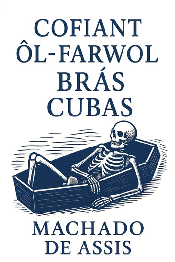 Book cover for 'Cofiant Ôl-farwol Brás Cubas' by Machado de Assis, featuring a dark blue typographic design with an illustration of a skeleton in a coffin on a white background.
