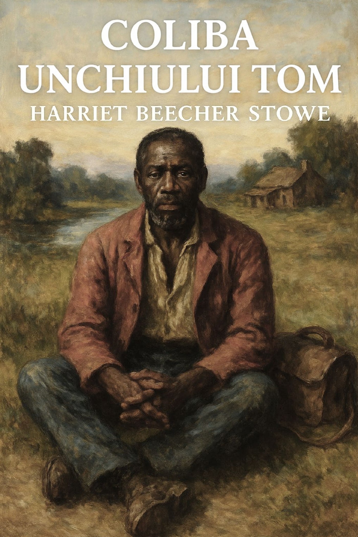 Book cover of 'Coliba unchiului Tom' by Harriet Beecher Stowe, featuring a man sitting on the ground with a landscape in the background.