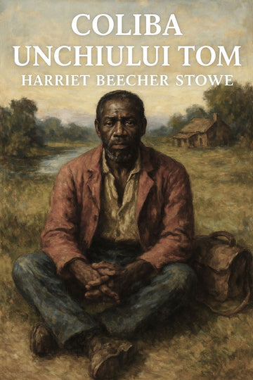 Book cover of 'Coliba unchiului Tom' by Harriet Beecher Stowe, featuring a man sitting on the ground with a landscape in the background.