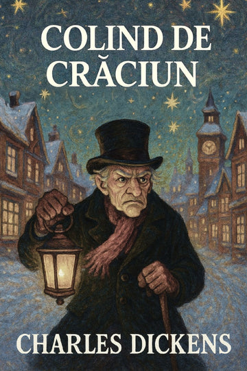 Book cover of 'Colind de Crăciun' by Charles Dickens with a man holding a lantern in a snowy village scene.