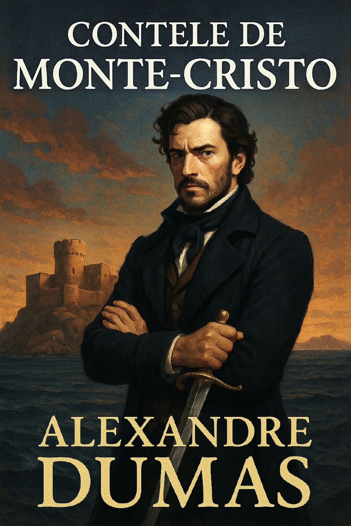 Book cover of 'Contele de Monte-Cristo' by Alexandre Dumas with a man holding a sword and a castle in the background.