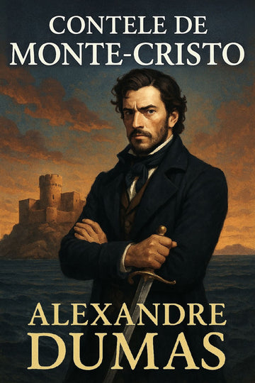 Book cover of 'Contele de Monte-Cristo' by Alexandre Dumas with a man holding a sword and a castle in the background.