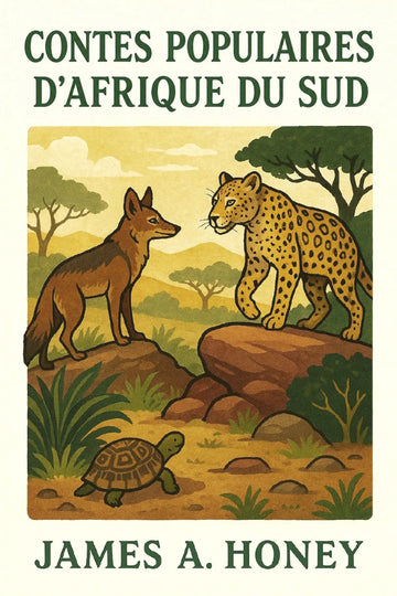 Book cover for 'Contes populaires d’Afrique du Sud' by James A. Honey, featuring a central illustrated scene with a fox, leopard, turtle, trees, and savanna landscape on a cream background.
