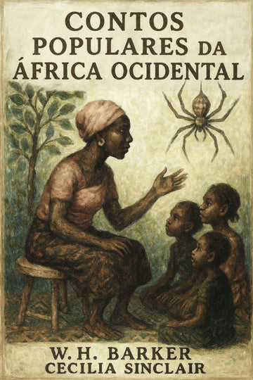 Book cover of 'Contos populares da África Ocidental' with an illustration of a woman and children, and a spider.