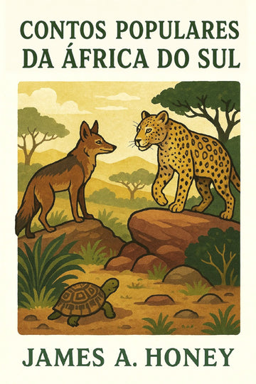 Book cover of 'Contos populares da África do Sul' with illustrations of a fox, leopard, and turtle in an African landscape.