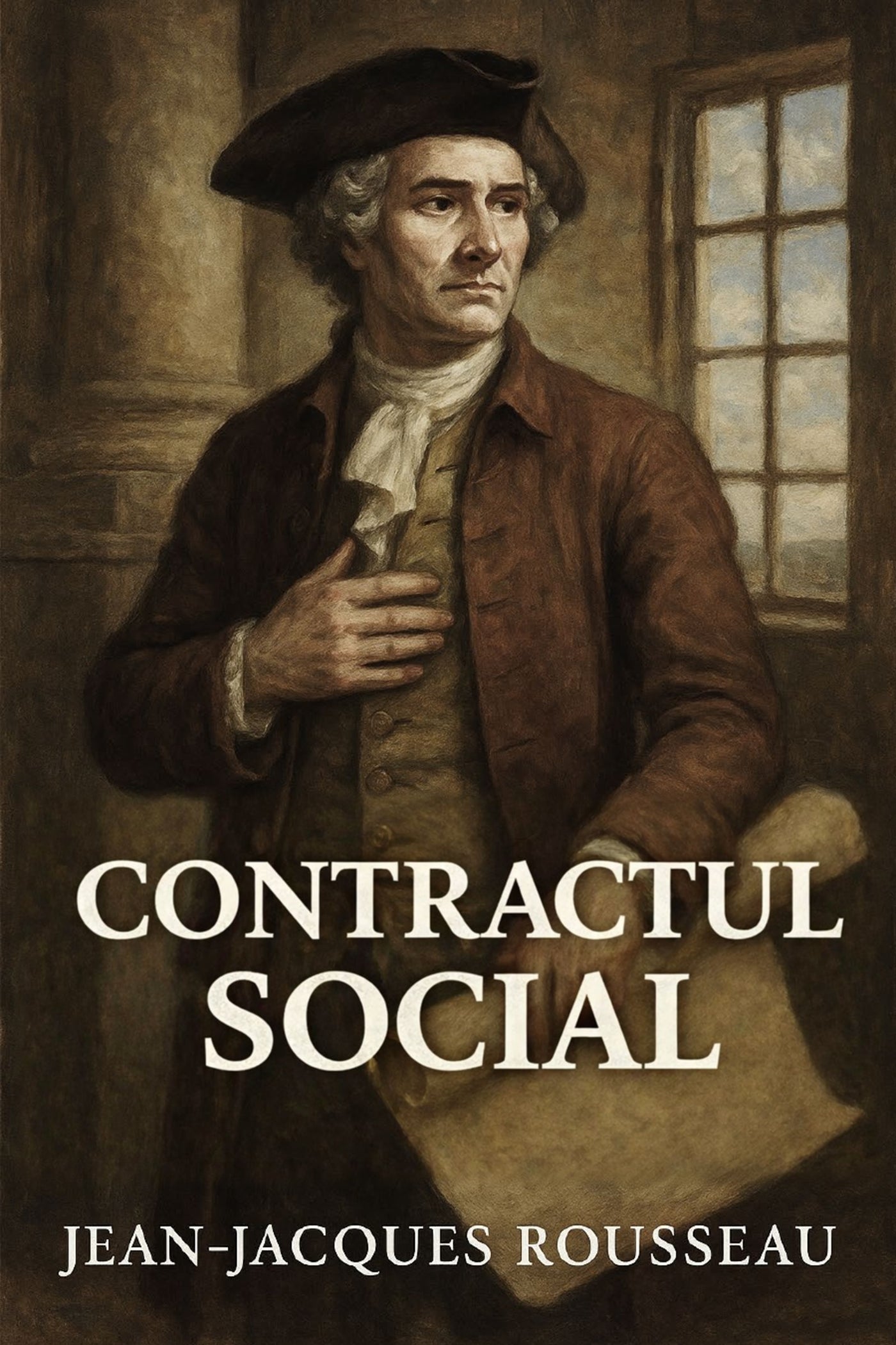 Book cover of 'Contractul social' by Jean-Jacques Rousseau with a historical figure in the background.