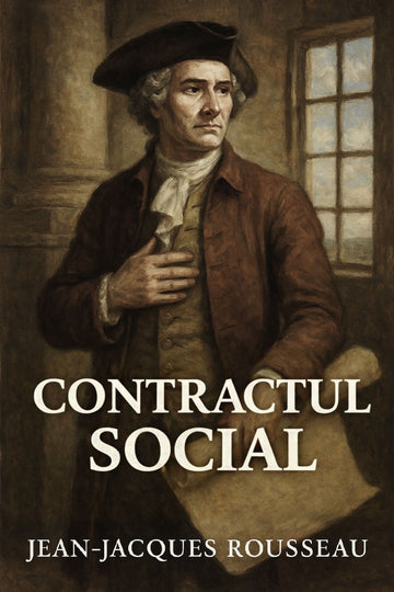 Book cover of 'Contractul social' by Jean-Jacques Rousseau with a historical figure in the background.