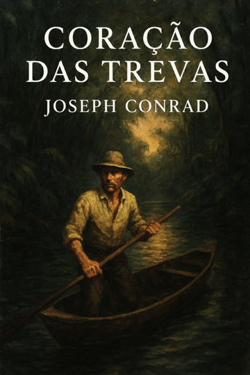 Book cover of 'Coração das Trevas' by Joseph Conrad with a man in a boat on a dark background.