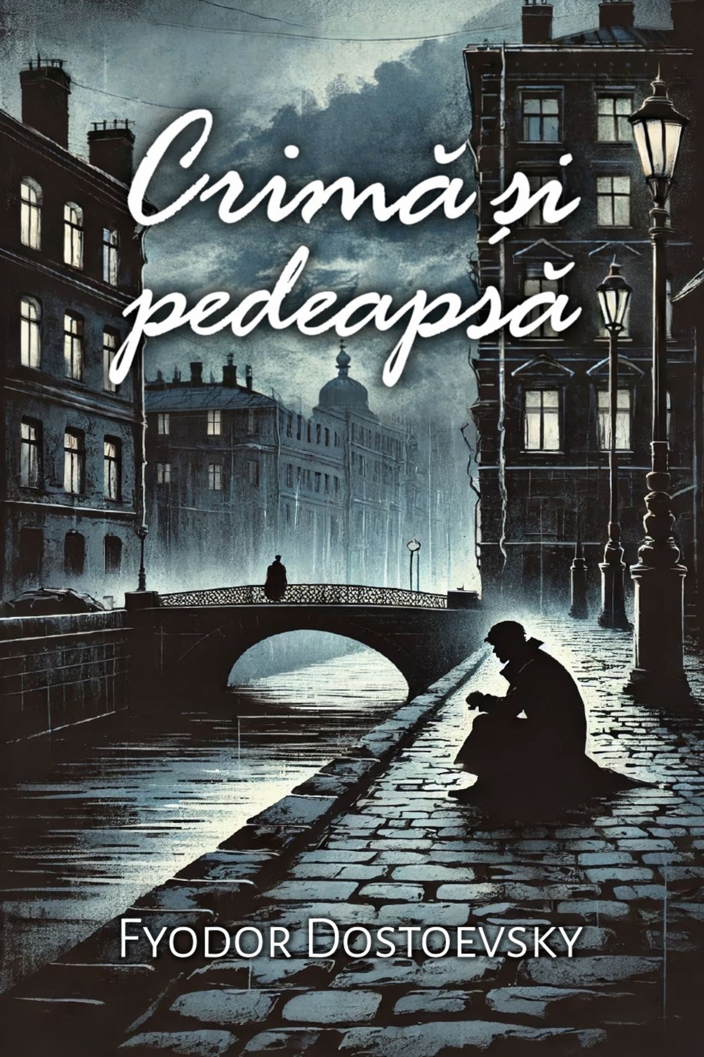 Book cover of 'Crimă și pedeapsă' by Fyodor Dostoevsky with a dark cityscape and silhouette.