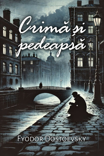 Book cover of 'Crimă și pedeapsă' by Fyodor Dostoevsky with a dark cityscape and silhouette.