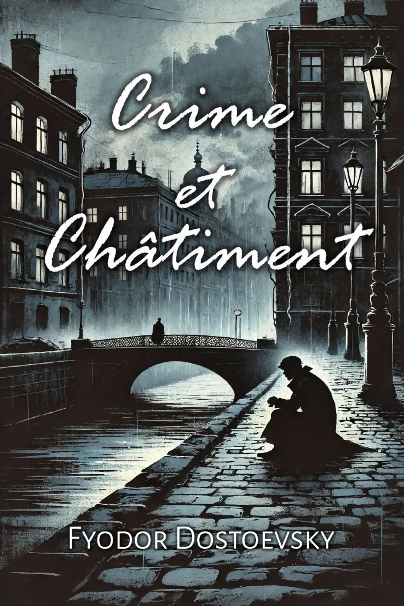 Book cover for 'Crime et Châtiment' by Fyodor Dostoevsky, featuring a moody blue-toned illustration of a cobblestone canal street at night with buildings, a bridge, and a seated figure in silhouette.